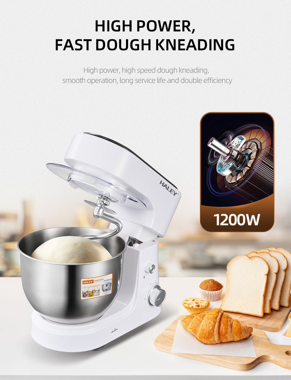 Mixer Profesional HALEY HY-2409, 1200W, Bol 6L Inox, 6 Viteze + Pulse, Alb/Inox, Silențios, Protecție Întrerupere