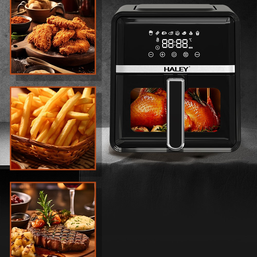 Friteuză cu Aer Cald HALEY 7L, 2000W – Gătire 360°, Touchscreen Holografic, Geam Vizualizare 180°, 8 Programe, Fără Ulei | Gătit Sănătos și Crocant