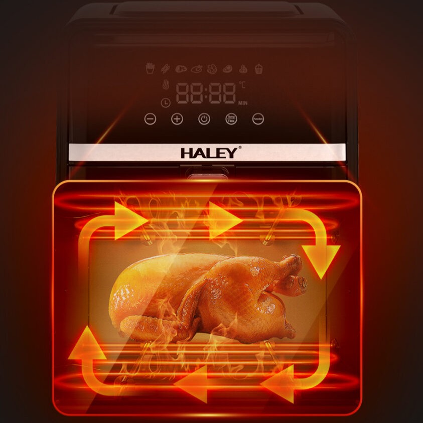 Friteuză cu Aer Cald HALEY 7L, 2000W – Gătire 360°, Touchscreen Holografic, Geam Vizualizare 180°, 8 Programe, Fără Ulei | Gătit Sănătos și Crocant