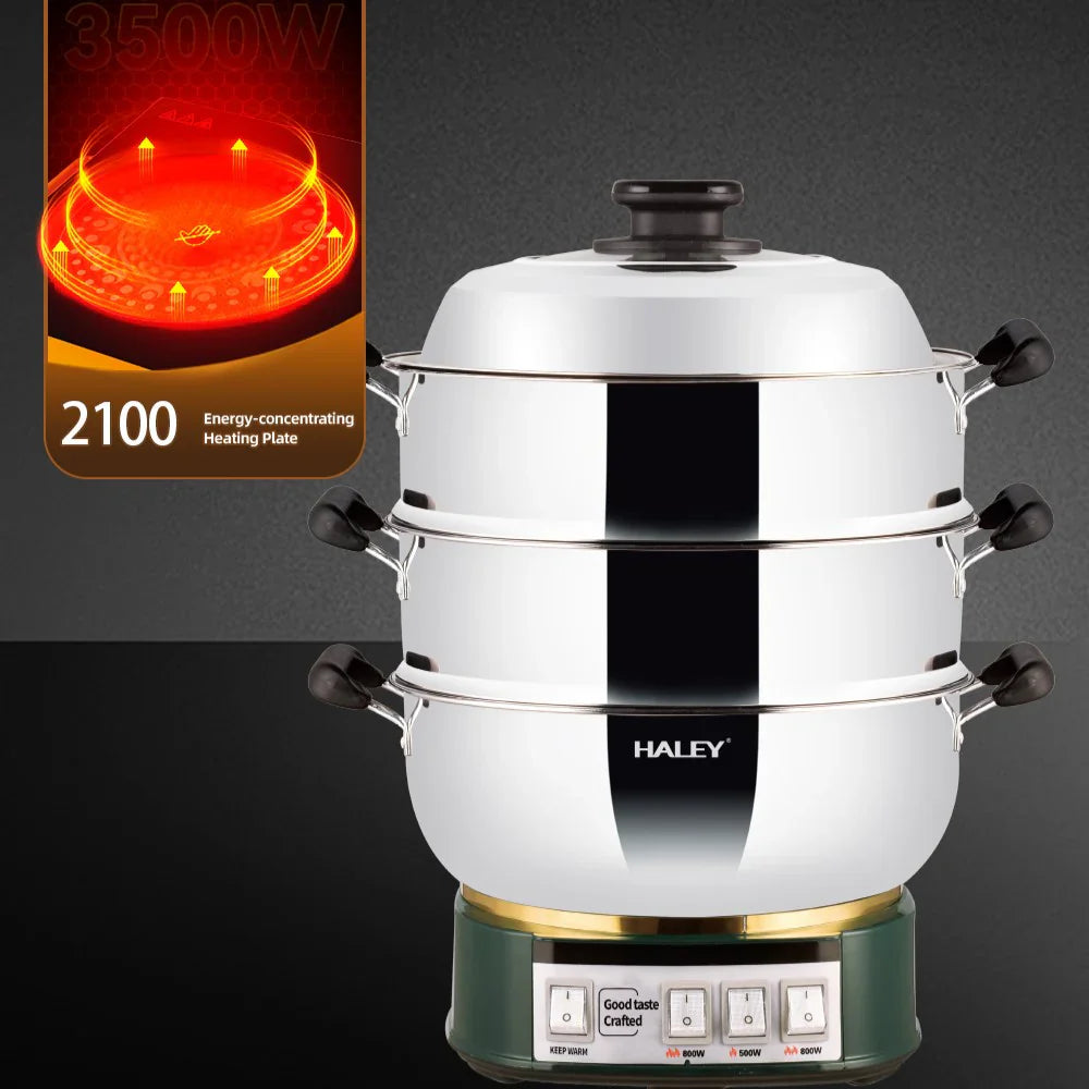 Vas Electric Multifuncțional HALEY HY-501, 2100W, Inox Premium cu Abur pe Două Nivele, Ideal pentru Gătit Sănătos Acasă sau la Hotel