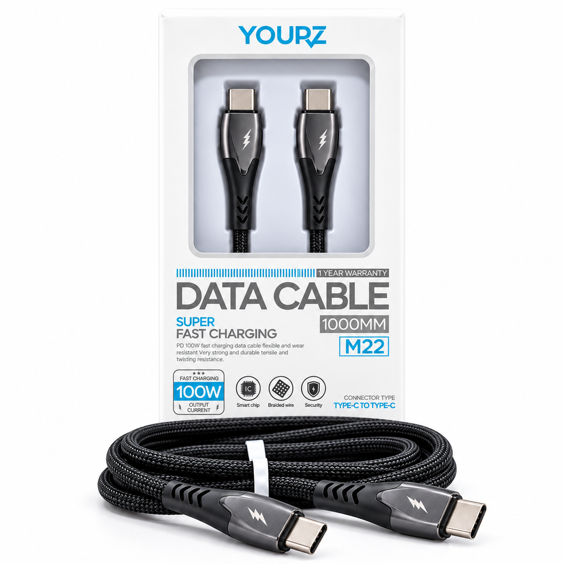 Cablu de Date și Încărcare Rapidă YOURZ M22, USB-C la USB-C, 100 W, 1 m, Negru