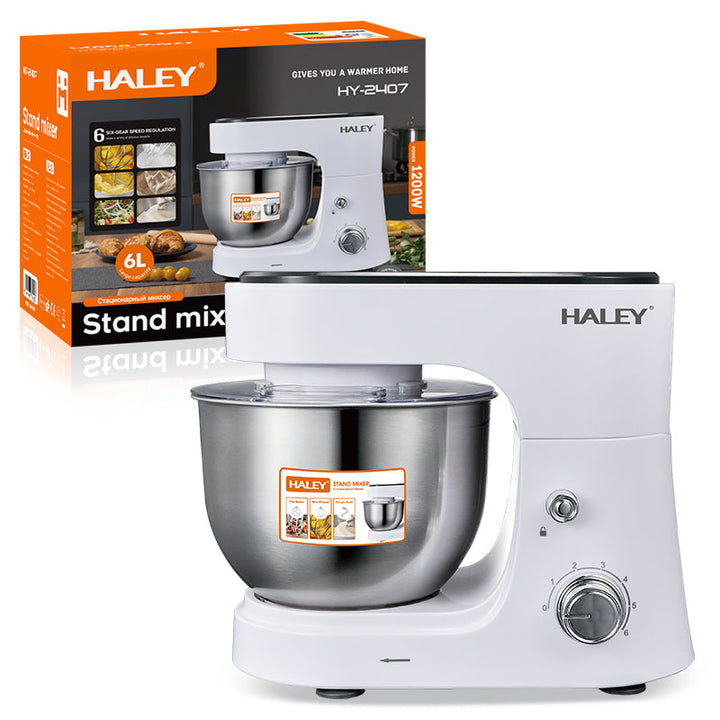 Mixer Profesional HALEY HY-2409, 1200W, Bol 6L Inox, 6 Viteze + Pulse, Alb/Inox, Silențios, Protecție Întrerupere