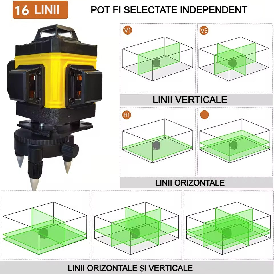 Nivela Laser 4D cu 16 Linii, AT PERFORMANCE®, 2X Acumulator, 360°,Platforma de Ridicare, cu Autonivelare, Telecomanda, Lumina Verde, Negru/Galben.