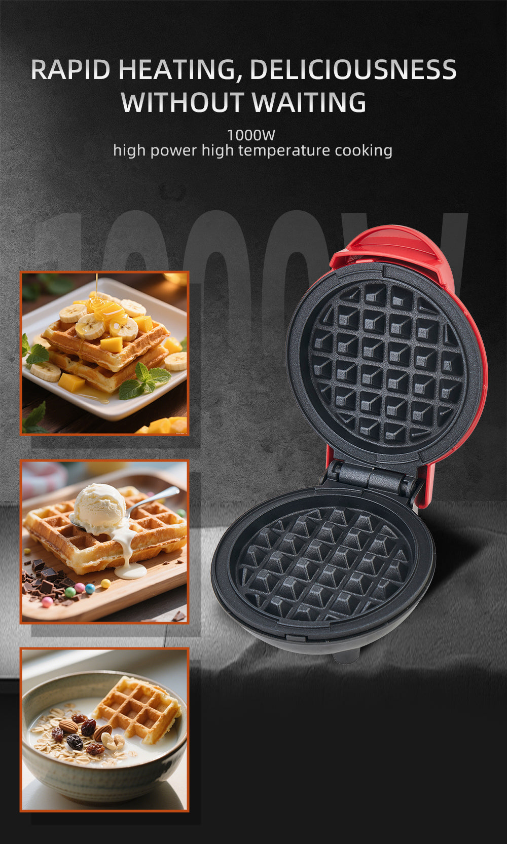 Aparat Mini Waffe HALEY®, 800W, Plăci Antiaderente, Indicator Luminos, Design Compact, Roșu