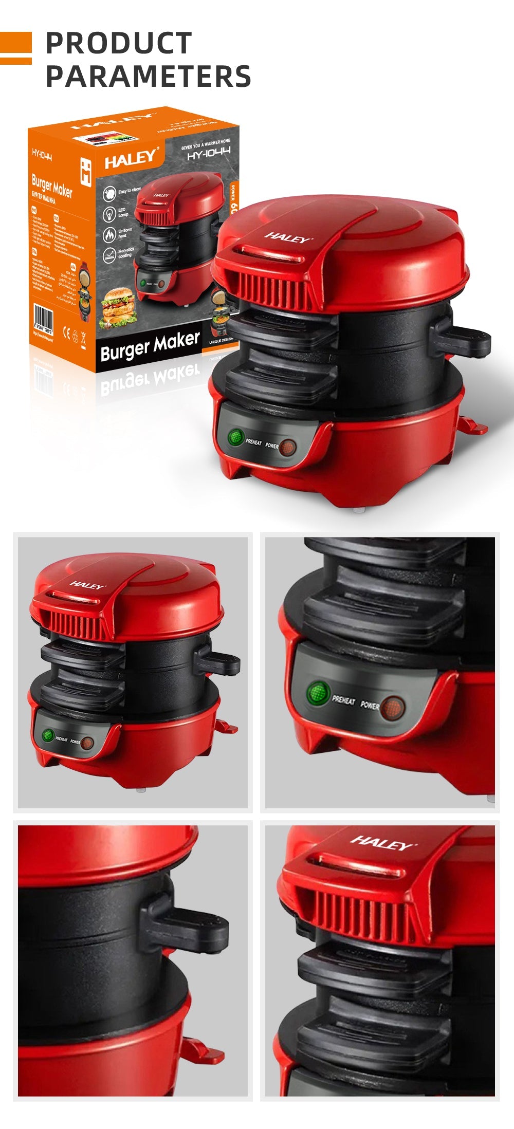 Aparat de facut Burgeri Haley, 600W – Mic Dejun Rapid, Plăci Antiaderente, Încălzire Uniformă, Deschidere 180°