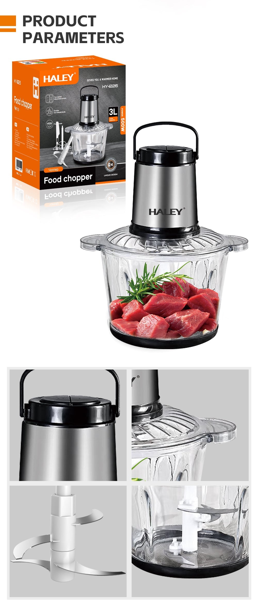 Tocator Electric AT PERFORMANCE® 500W, 4 Lame din Oțel Inoxidabil, Recipient Sticlă 3L, 2 Viteze Reglabile, Design Auriu/Negru