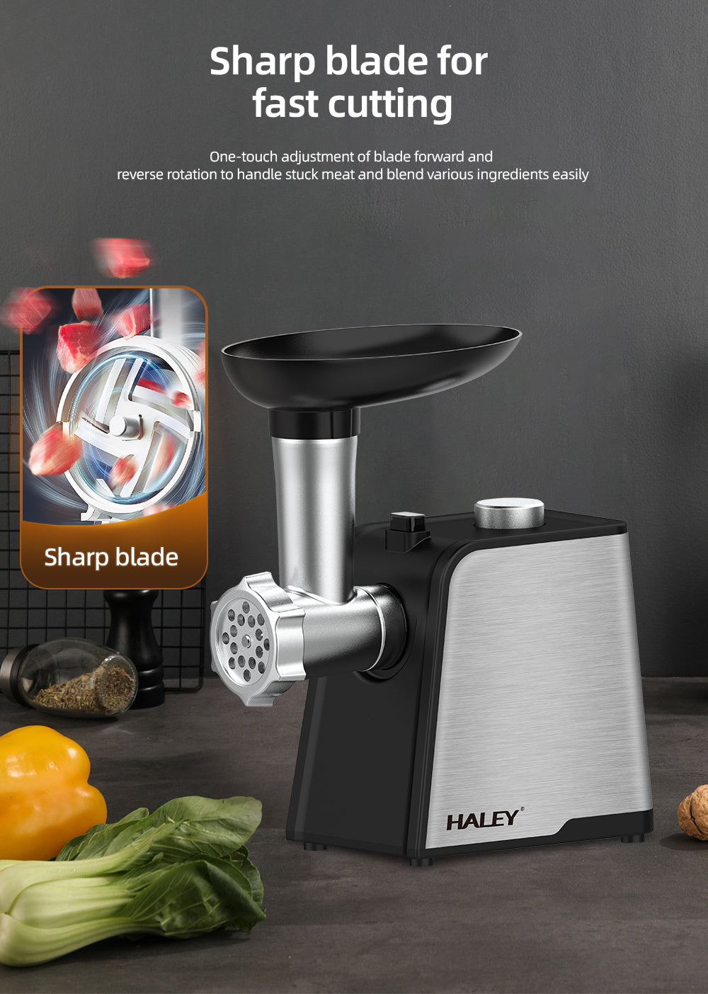 Mașină de Tocat Carne HALEY 2000W, Oțel Inoxidabil, Cutter cu Torsiune Mare, Ușor de Curățat, Port Mare pentru Alimentare