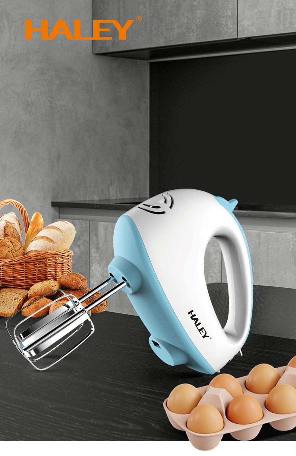 Mixer de Mână Haley 500W, 7 Trepte Viteză, Alb/Albastru, Silențios, Accesorii Incluse