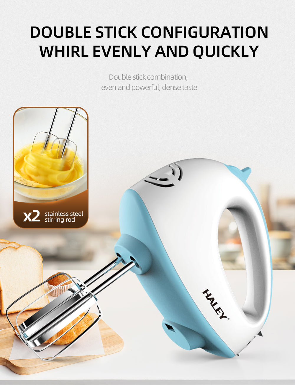 Mixer de Mână Haley 500W, 7 Trepte Viteză, Alb/Albastru, Silențios, Accesorii Incluse