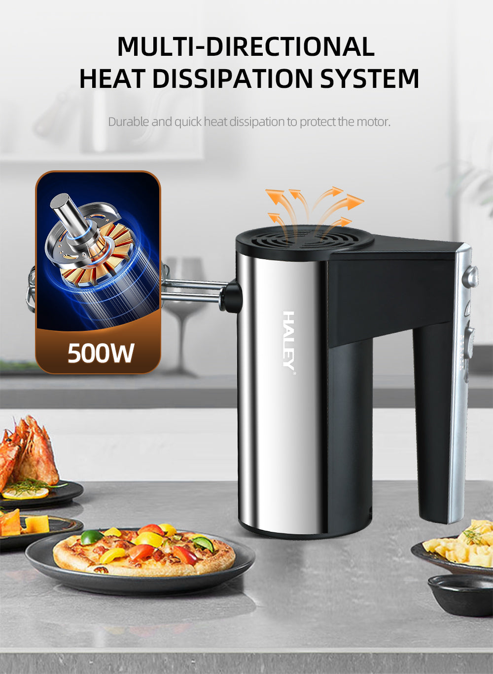 Mixer de Mână din Inox HALEY 500W – 5 Viteze, Silențios, Motor Puternic, Accesorii Incluse