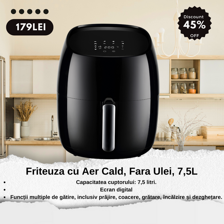 Friteuza cu Aer Cald,hoffmans, Fara Ulei, 7,5L, 2400W