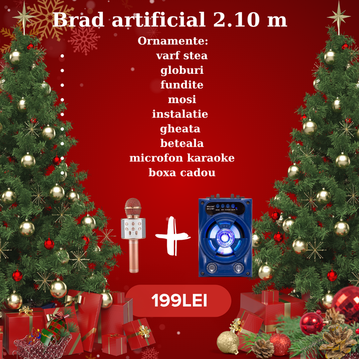 Brad artificial, 2,10 m, complet impodobit plus microfon karaoke si boxa cadou
