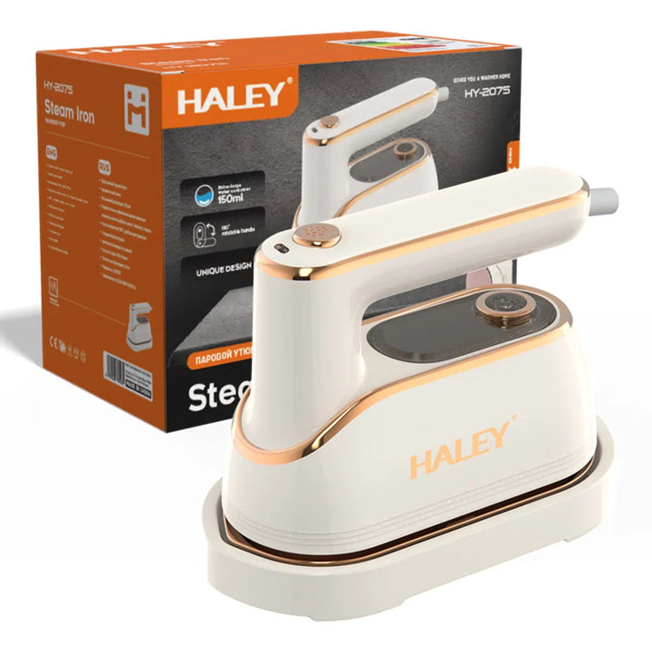 Fier de Călcat Vertical cu Aburi HALEY HY-2075, 1300W, Rezervor 150 ml, Talpă Ceramică Antiaderentă, Abur Puternic, Încălzire Rapidă, Alb/Auriu