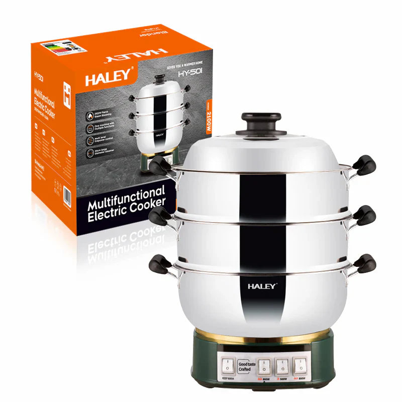 Vas Electric Multifuncțional HALEY HY-501, 2100W, Inox Premium cu Abur pe Două Nivele, Ideal pentru Gătit Sănătos Acasă sau la Hotel