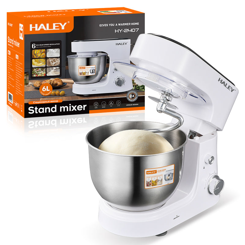 Mixer Profesional HALEY HY-2409, 1200W, Bol 6L Inox, 6 Viteze + Pulse, Alb/Inox, Silențios, Protecție Întrerupere