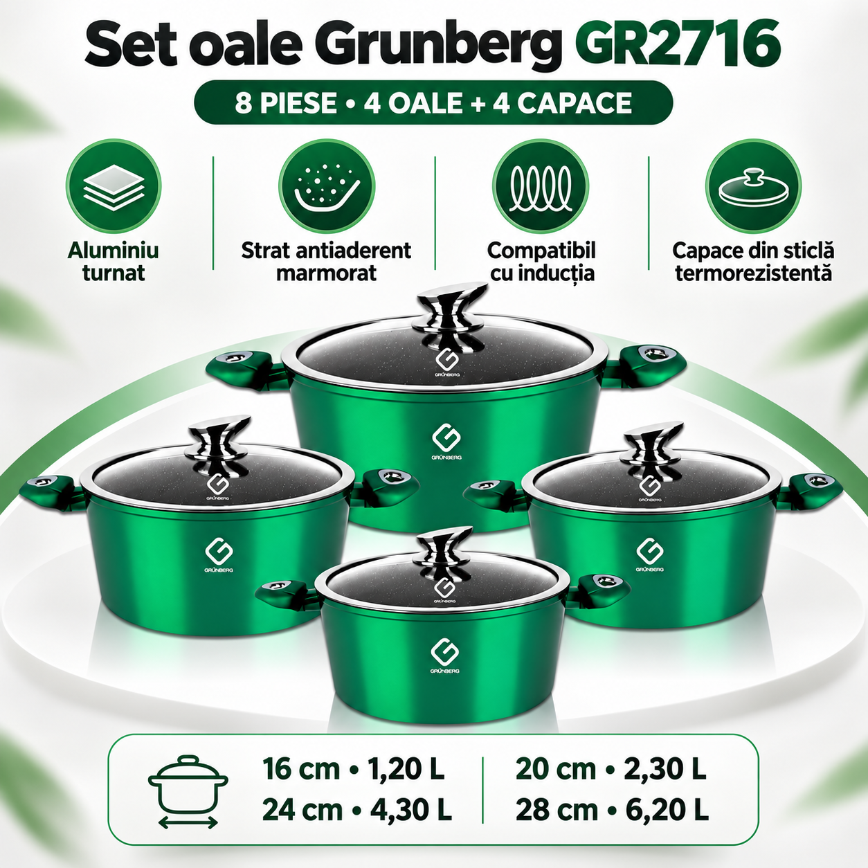 Set 4 Oale Grunberg GR2716, 8 Piese, Aluminiu Turnat, Înveliș Antiaderent Marmorat, Capace din Sticlă, Compatibil cu Inducție