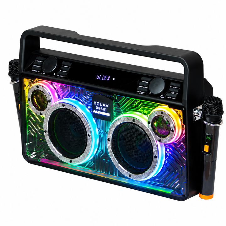 Boxă Portabilă Karaoke KOLAV D2661 X-BASS, 400W, Bluetooth 5.2, 2x6", 2 Microfoane Wireless, RGB LED, USB/TF/AUX, Telecomandă, Acumulator 4000mAh, Bass puternic