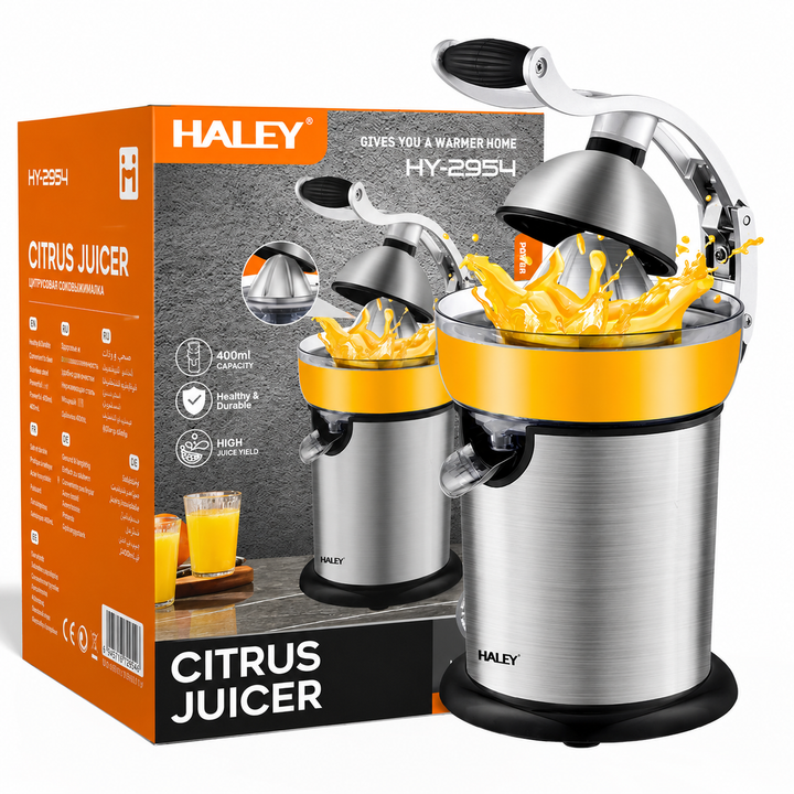 Storcător Electric pentru Citrice Haley HY-2954, 800W, Recipient 400 ml, Sistem cu Pârghie, Carcasă Inox, Randament Ridicat, Argintiu