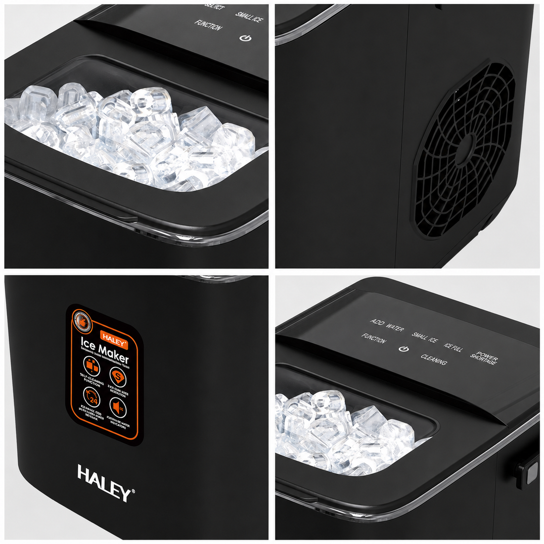 Mașină de Gheață Haley HY-6102, 100W, 12 Kg/24h, 9 Cuburi/Ciclu, Rezervor 1.8L, 2 Dimensiuni Gheață, Producție Continuă, Negru