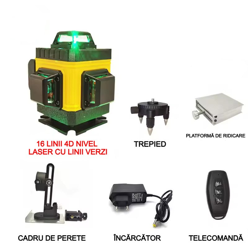 Nivela Laser 4D cu 16 Linii, AT PERFORMANCE®, 2X Acumulator, 360°,Platforma de Ridicare, cu Autonivelare, Telecomanda, Lumina Verde, Negru/Galben.
