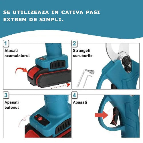 Foarfecă Electrică AT Performance cu 2 Acumulatori, Fără Fir, Lama Oțel Carbon, 5000 mAh, Turcoaz