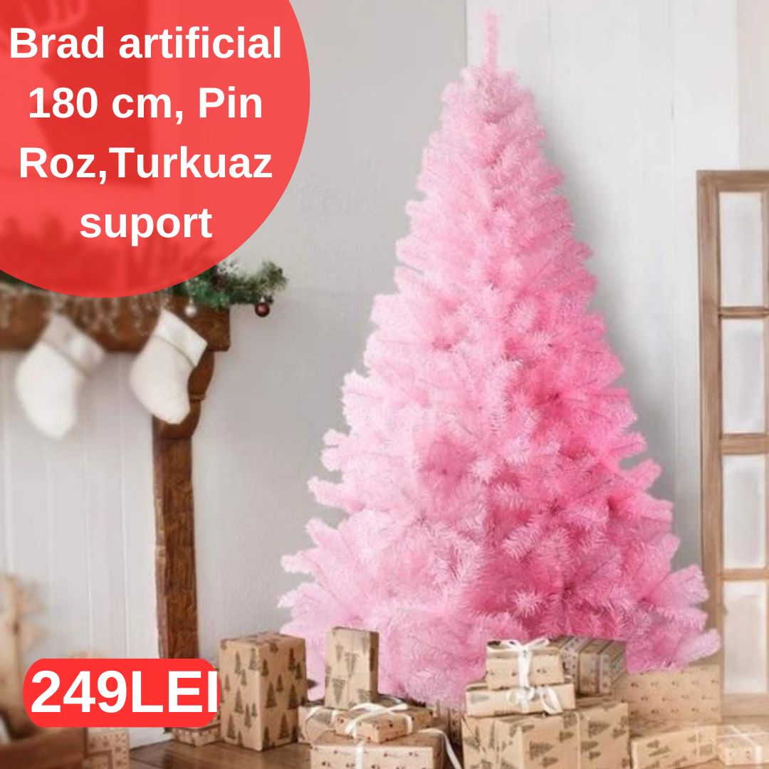 Brad artificial 180 cm, Pin, Roz, Turkuaz, suport