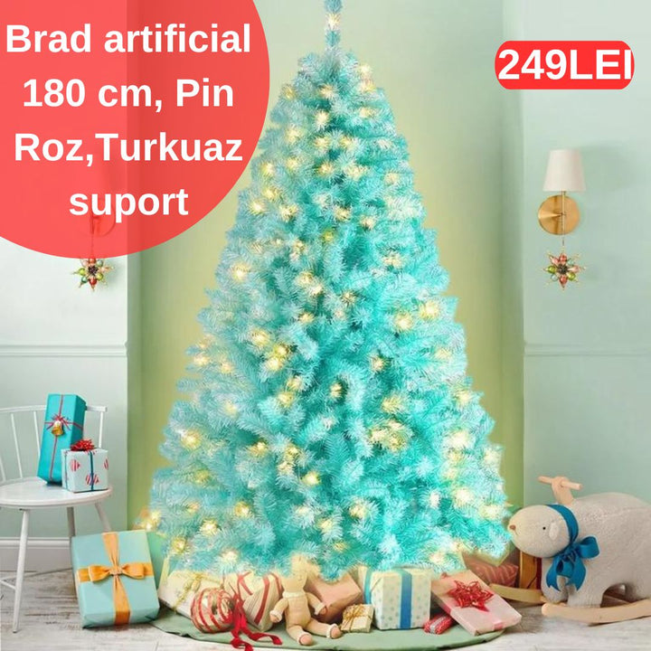 Brad artificial 180 cm, Pin, Roz, Turkuaz, suport