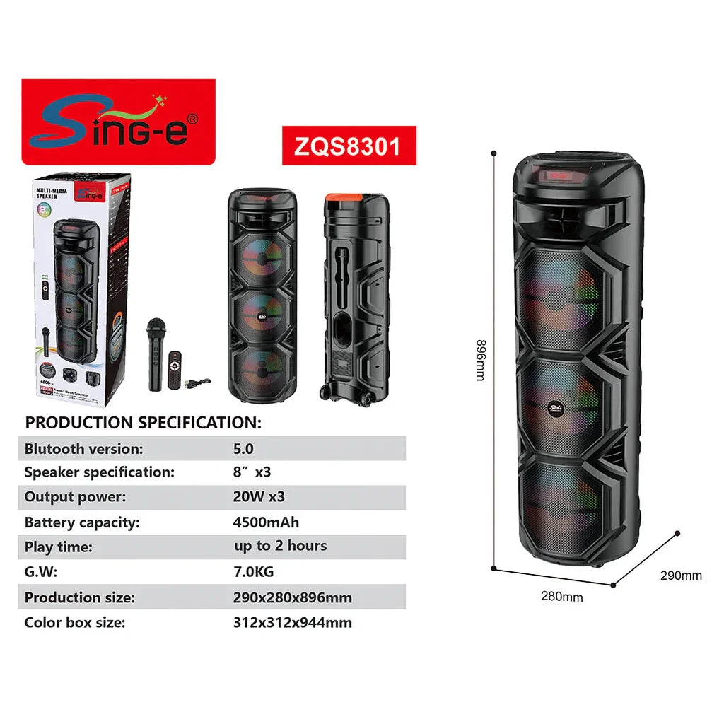Boxă Portabilă AT Performance ZQS8301, 3×8”, Bluetooth 5.0, Lumini LED, Microfon Wireless