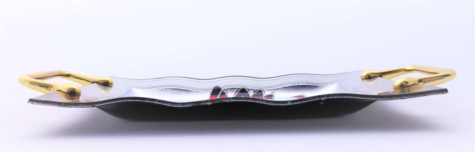 Tava de sticla cu manere de metal, margine in relief 34 CM