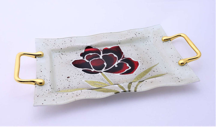 Tava de sticla cu manere de metal, margine in relief 34 CM