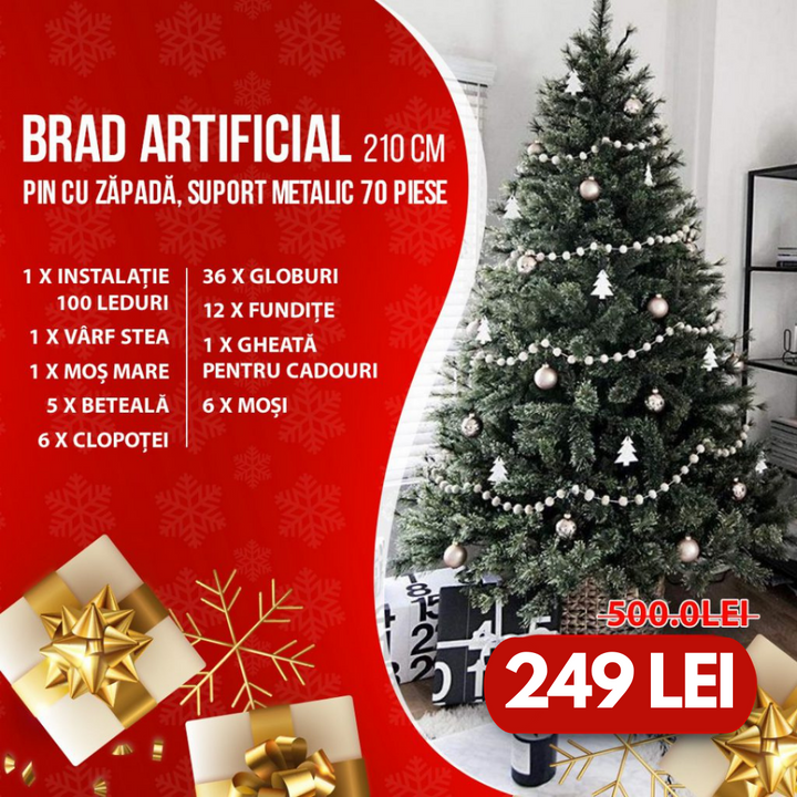 Brad artificial 210 cm, Pin cu zapada, suport metalic 70 piese !!