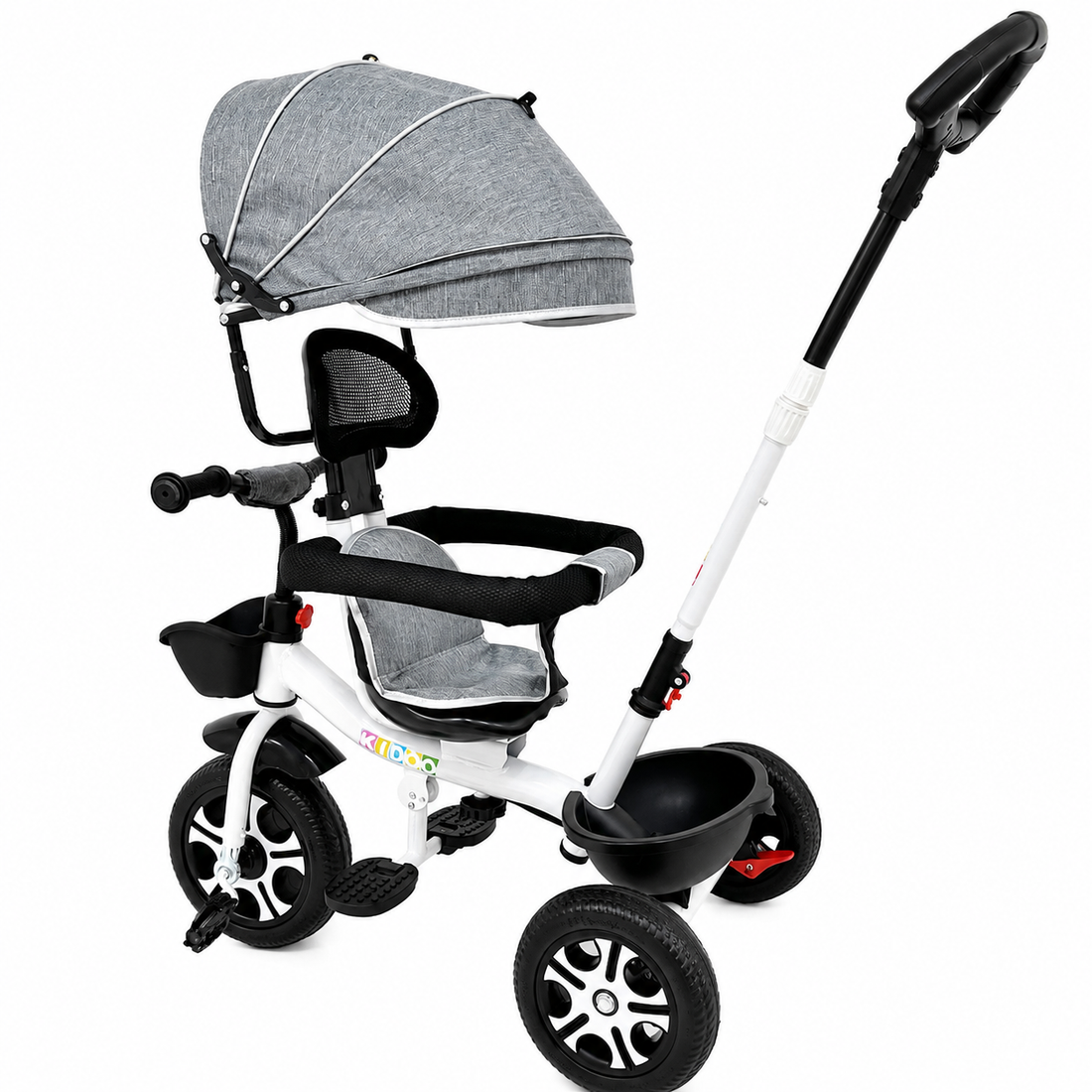 Tricicletă Evolutivă Kiddo KD-X06, Scaun Rotativ 360°, Poziție de Somn, Centură 5 Puncte, Copertină UV, Roți din Cauciuc, 9 Luni – 6 Ani