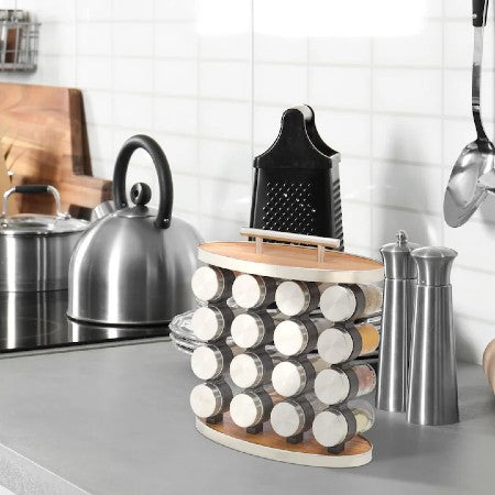 Set 16 recipiente condimente din sticla, cu suport din MDF, 29 x 28 x 12 cm.