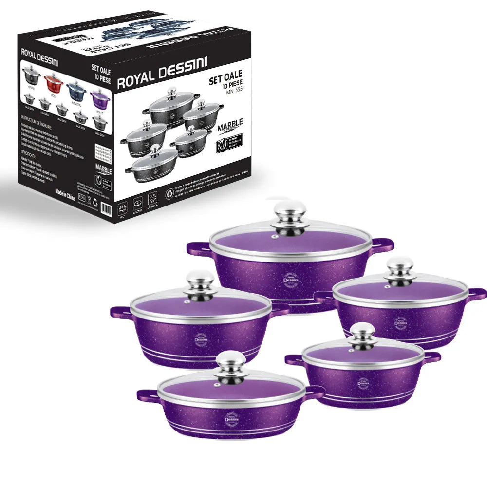 Set Premium 10 Piese AT PERFORMANCE – Oale cu acoperire din marmură și capace din sticlă semitransparentă, 5 dimensiuni pentru gătit versatil