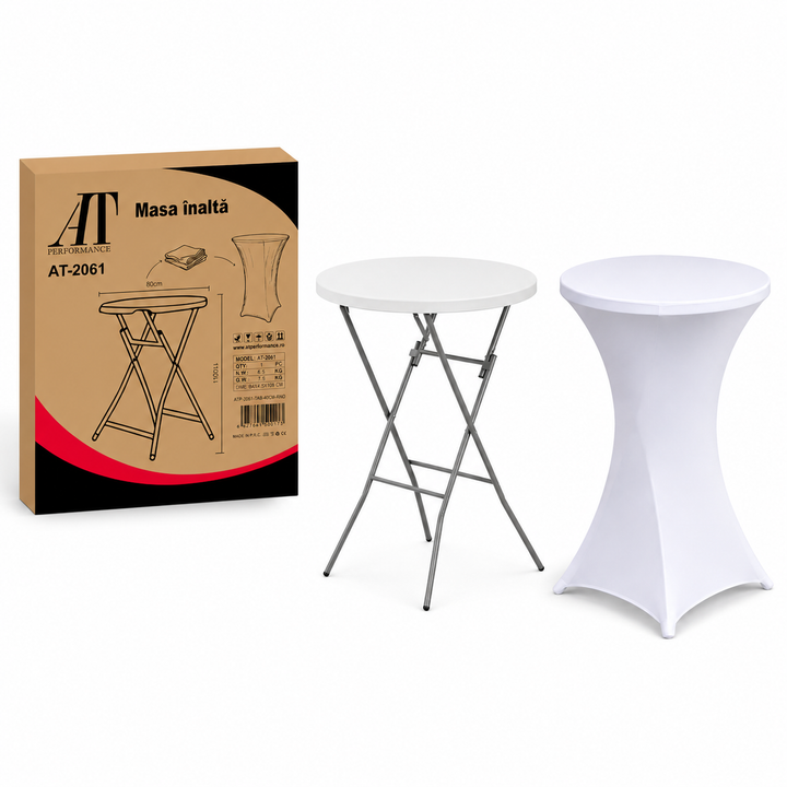 Masă Înaltă Pliabilă AT PERFORMANCE® AT-2061, Ø80 cm, 110 cm Înălțime, Husă Elastică Inclusă, Cadru Metalic