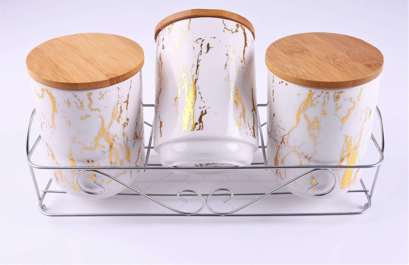 Set de 3 recipiente pentru condimente, capace din bambus si suport de inox