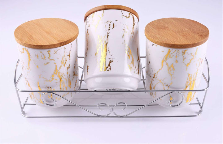 Set de 3 recipiente pentru condimente, capace din bambus si suport de inox