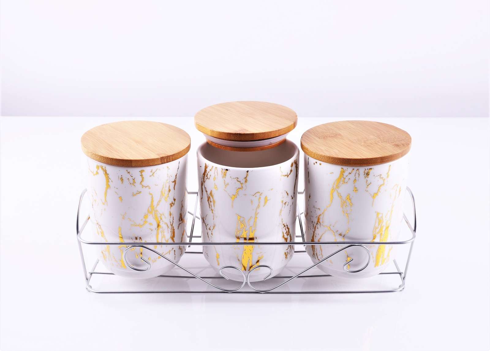 Set de 3 recipiente pentru condimente, capace din bambus si suport de inox