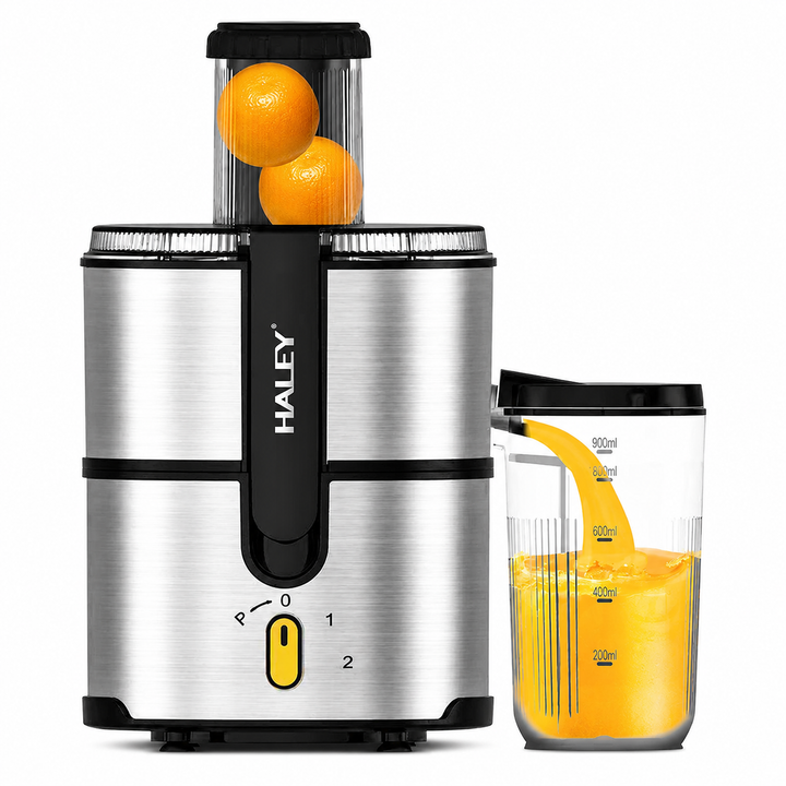 Storcător de Fructe și Legume Haley HY-2963, 1000W, Tub Alimentare 75 mm, Recipient Suc 900 ml, Recipient Pulpă 2 L, 2 Viteze + Pulse, Inox SUS304