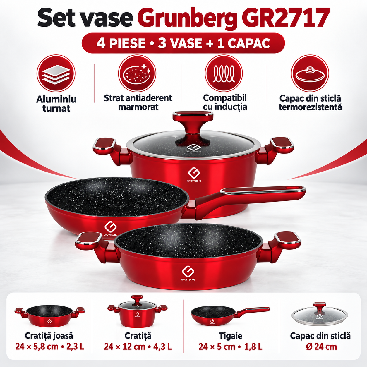 Set Vase Grunberg GR2717, 4 Piese, Aluminiu Turnat, Strat Antiaderent Marmorat, Capac din Sticlă, 24 cm, Compatibil cu Inducție