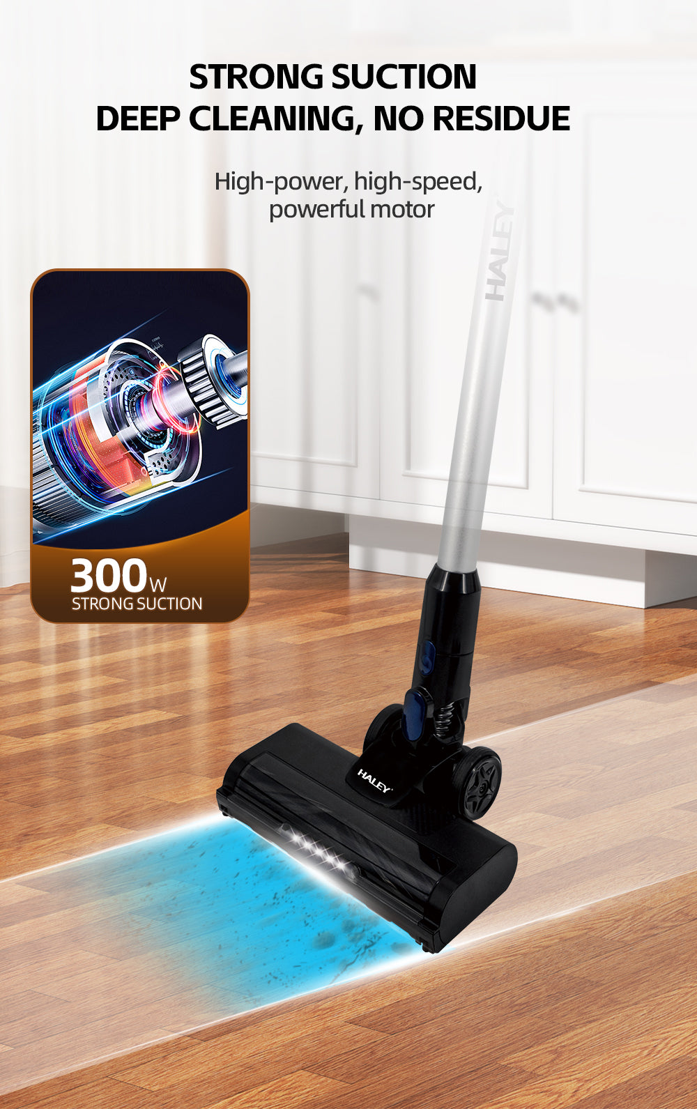 Aspirator Vertical cu Fir 2 în 1 HALEY®, 300W, 22.2V, Autonomie 35 Min, Perie LED, Filtru Lavabil, Recipient 1L, Negru/Argintiu