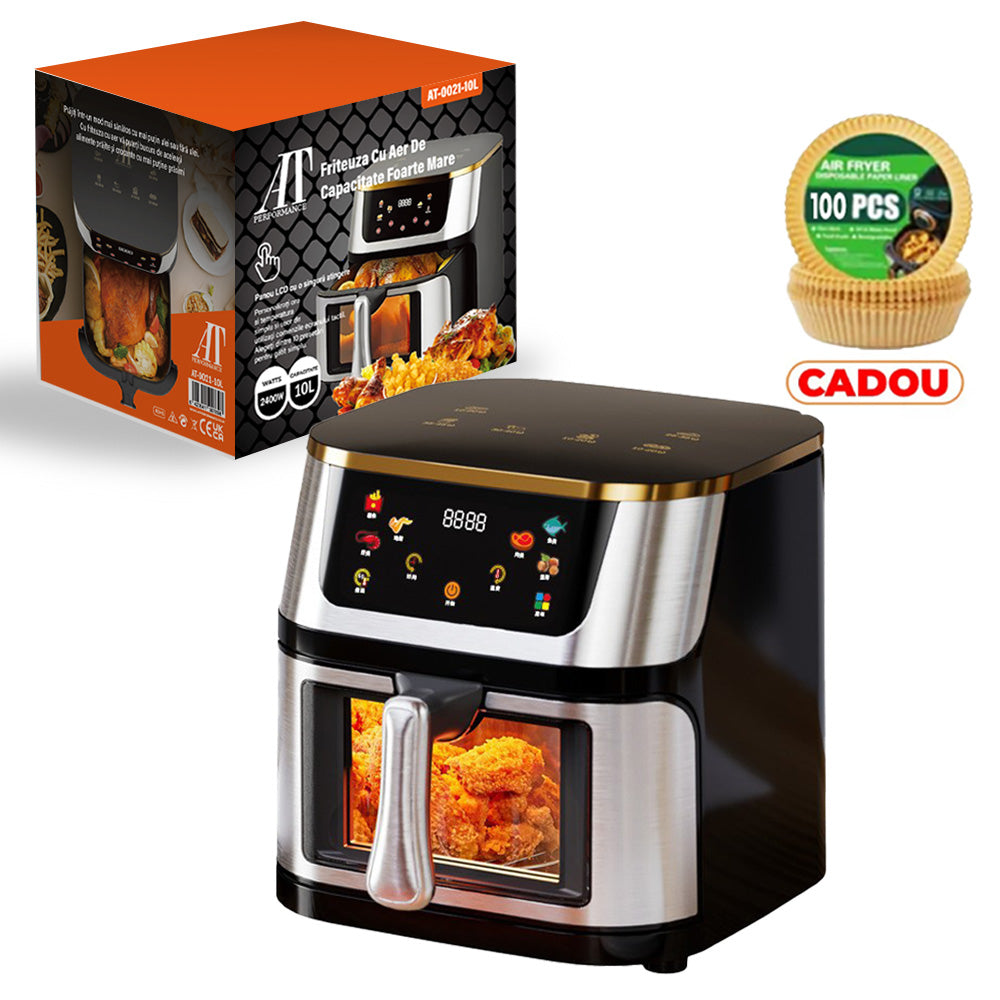 Friteuză cu Aer Cald 10L AT PERFORMANCE® – 2400W, Display Digital Touch, 8 Programe, cu Geam, Neagră + CADOU 50 Hârtii de Copt