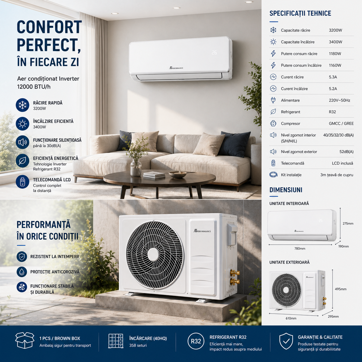 Aer Condiționat Inverter 12000 BTU, R32, Compresor GMCC/GREE, Răcire & Încălzire, Kit Instalare Inclus, Telecomandă LCD