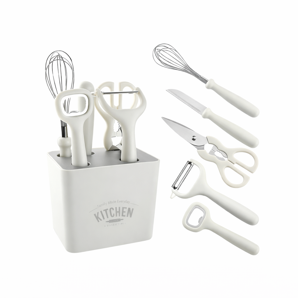 Set ustensile bucătărie 5+1 piese cu suport – Multifuncțional, inox