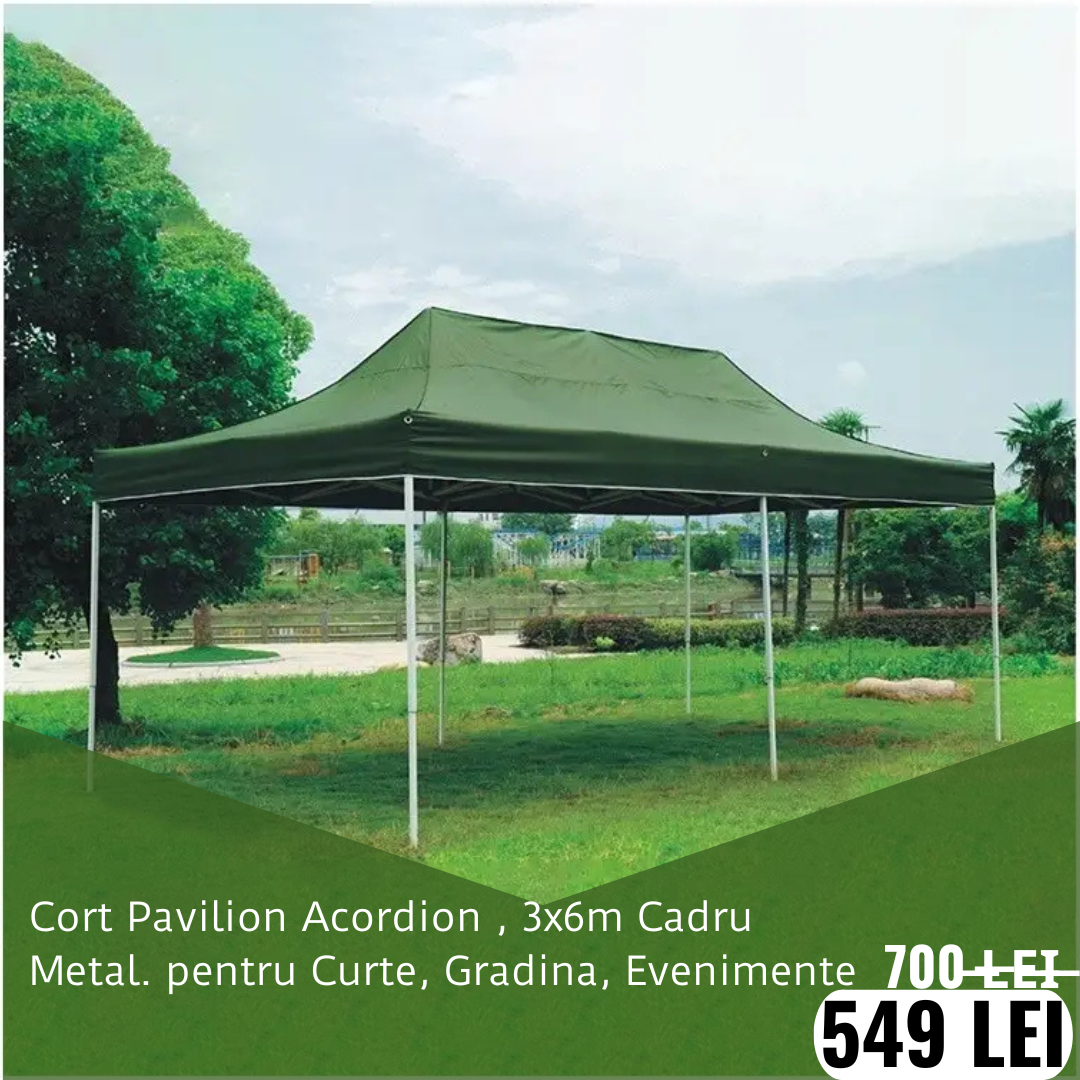 Cort Pavilion 3x6m Pliabil Cadru Metal pentru Curte, Gradina, Evenimente