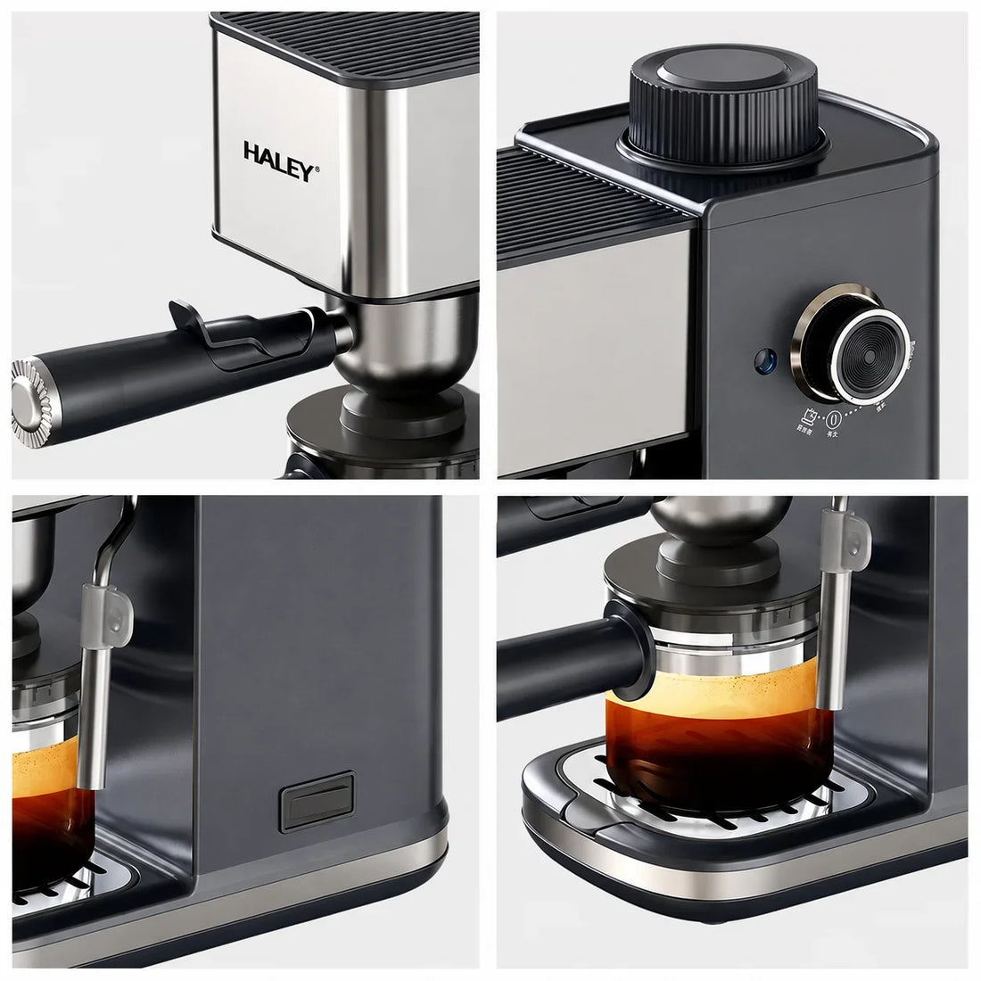 Espressor de Cafea HALEY HY-2822, 1500W, 5 Bar, Rezervor 350 ml, Sistem Spumare Lapte, Filtru Inox, Carafă din Sticlă Borosilicată
