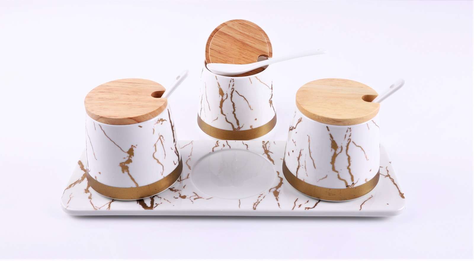 Set de 3 recipiente pentru condimente din portelan, cu lingurite