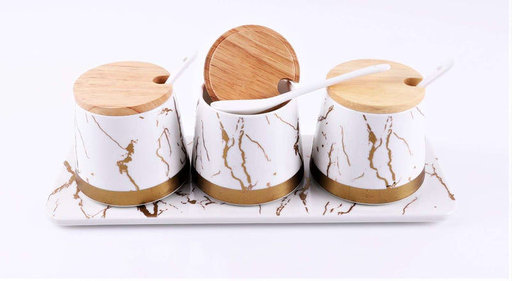 Set de 3 recipiente pentru condimente din portelan, cu lingurite