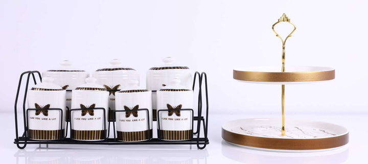 Set de 7 recipiente pentru condimente din portelan + suport metal