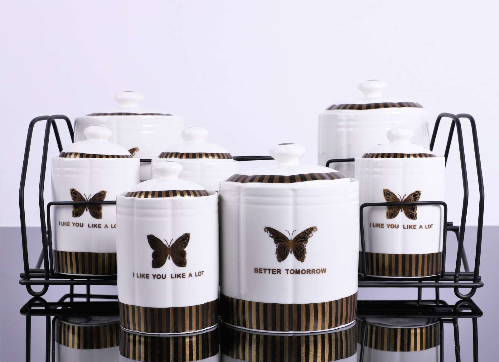 Set de 7 recipiente pentru condimente din portelan + suport metal